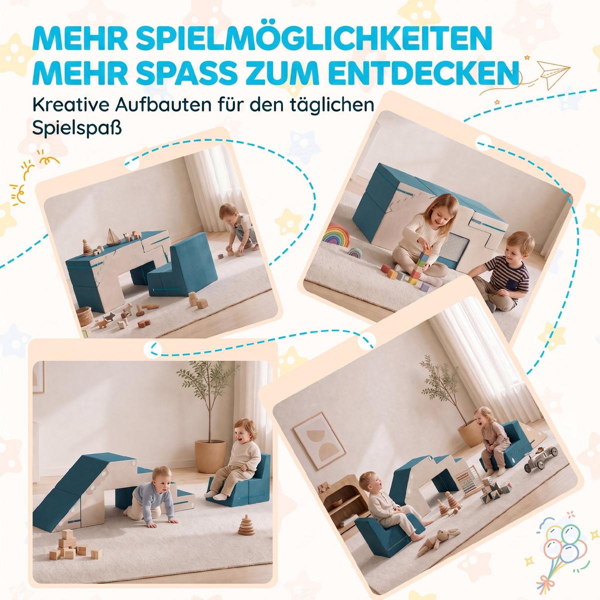 KINDER-SPIELSOFA 2er Set Samt Schaumstoff Blau - Dunkelblau, Textil (39/131cm) - AIYAPLAY