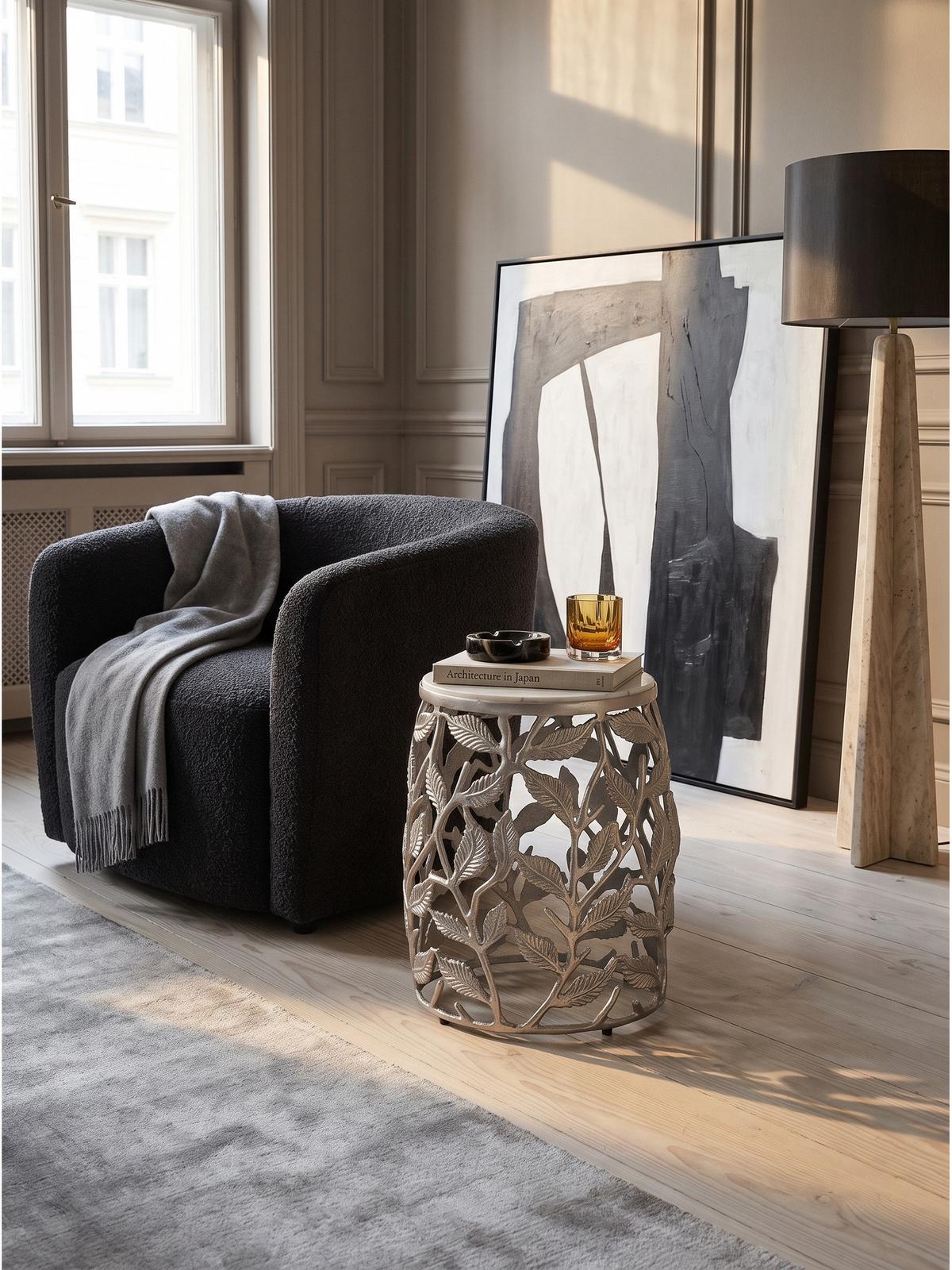 BEISTELLTISCH ALASSIO, Marmor, handgefertigt, Silber-Weiß, Ø 40 x 46 cm - Silberfarben, Stein/Metall (40/40/46cm) - KADIMA DESIGN