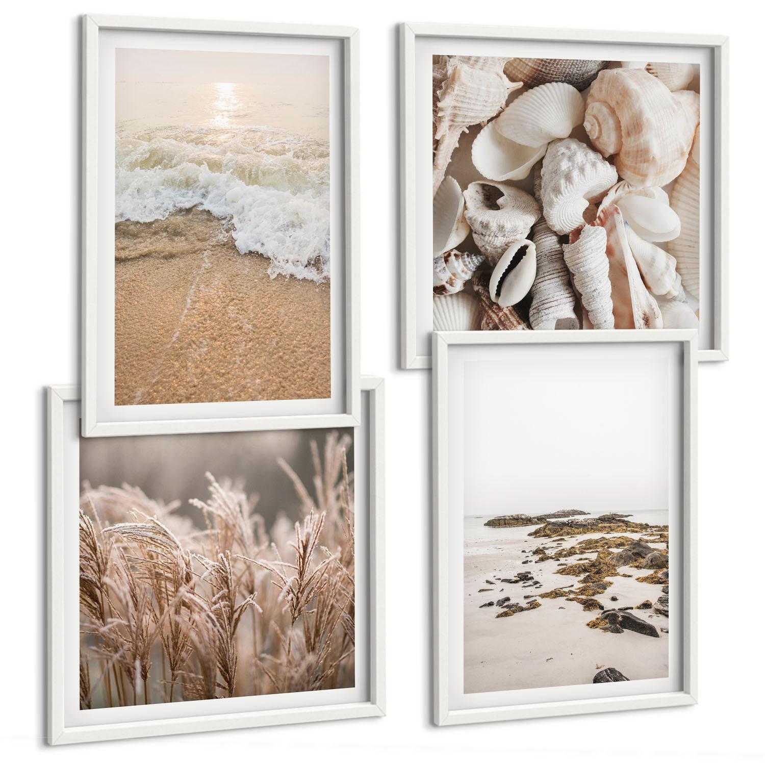 BILDER SET 4er Set - 50x50 cm & 40x60 cm Weißer Rahmen - Strandgras, Wellen, Steine, Boho-Stil - Weiß, Kunststoff (50/50cm) - TULUP