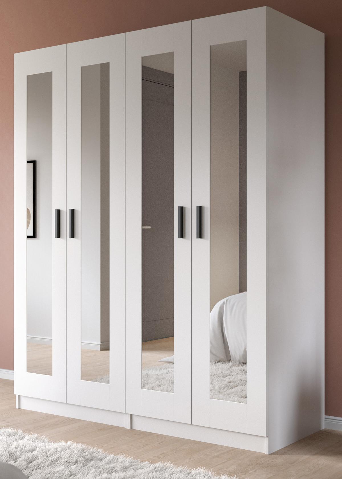 KLEIDERSCHRANK in weiß 160 x 194 cm skandinavisch, Drehtürenschrank 4-türig mit Spiegel - Schwarz/Weiß, Glas/Holzwerkstoff (160/194/56cm) - Inn.Furn