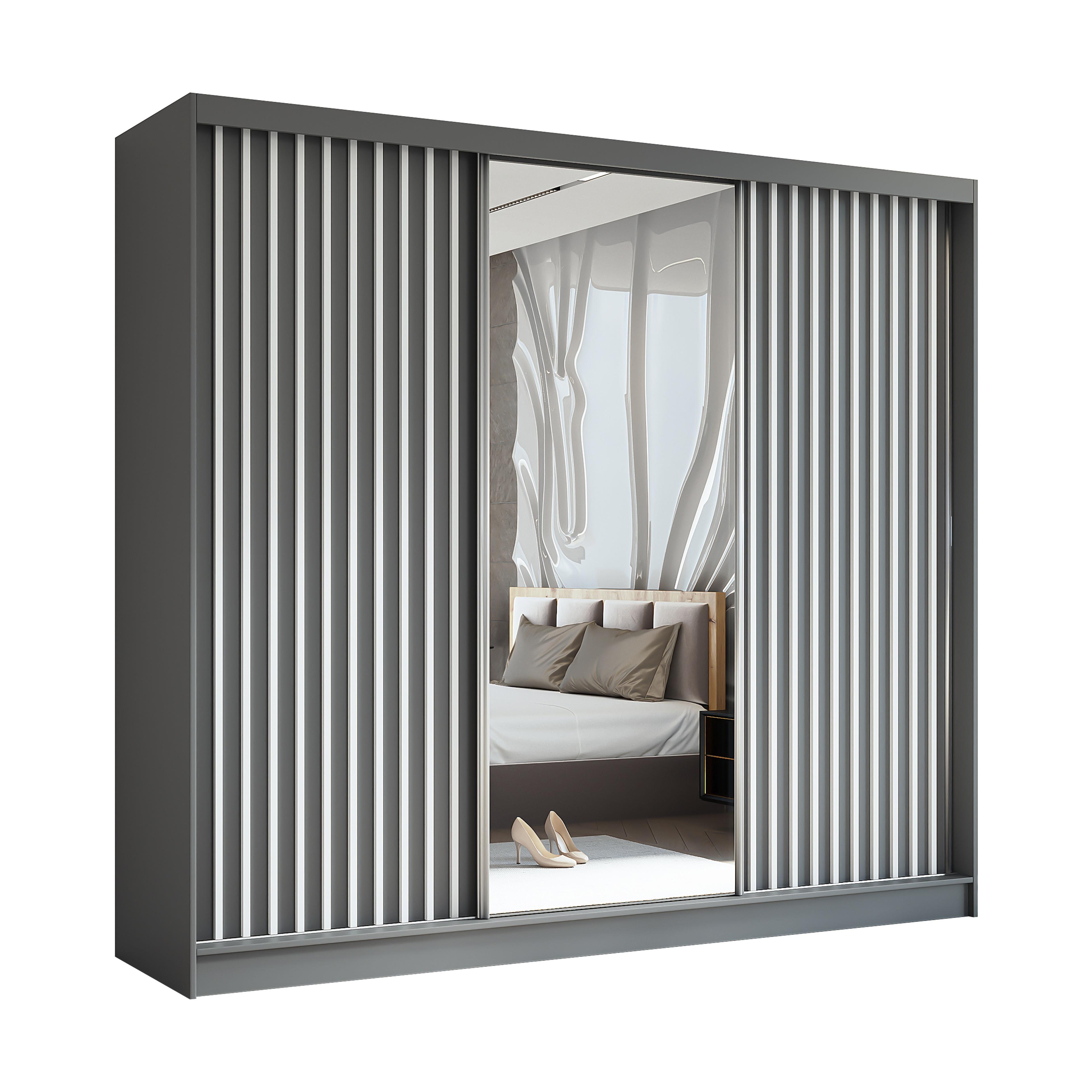 SCHWEBETÜRENSCHRANK LAMELLO 240/216/61 cm 3-türig mit Spiegel Grau - Grau, Holzwerkstoff (240/216/61cm) - MASSENO