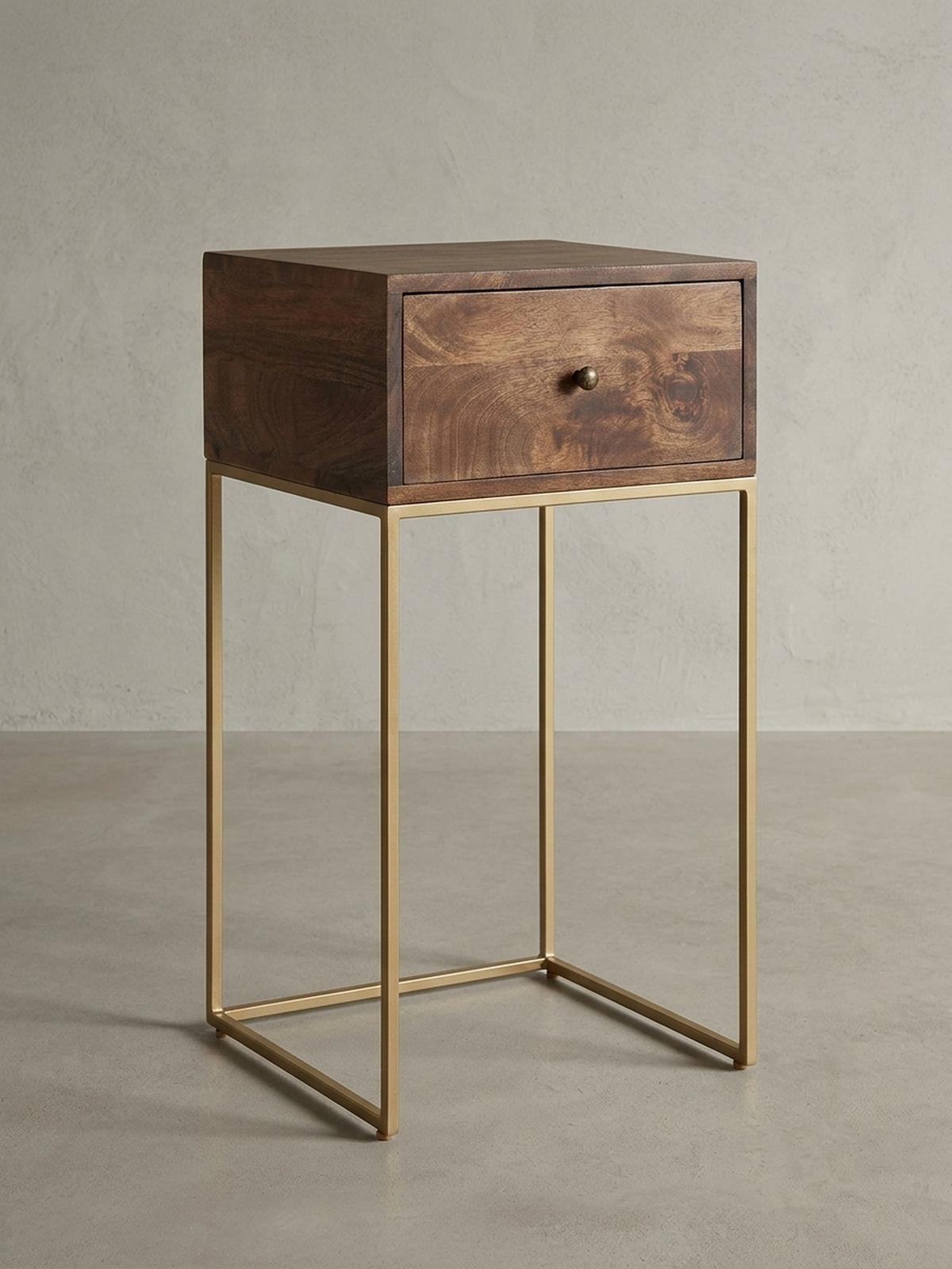 NACHTTISCH – Mango Massivholz/Metall, 1 Schublade, Industrial-Stil - Goldfarben/Braun, Holz/Metall (40/75/35cm) - KADIMA DESIGN