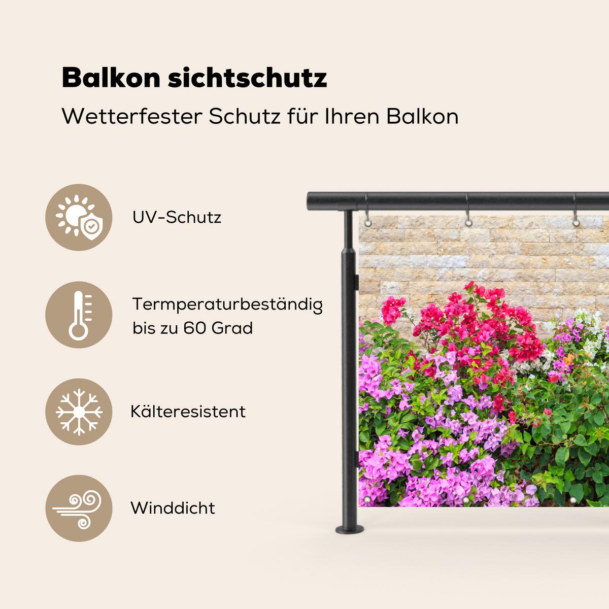 BALKON-SICHTSCHUTZ Blumen - Pflanzen - Blätter - Steine Witterungsbeständig 200x110 cm - Pink, Kunststoff (200/110cm) - MuchoWow