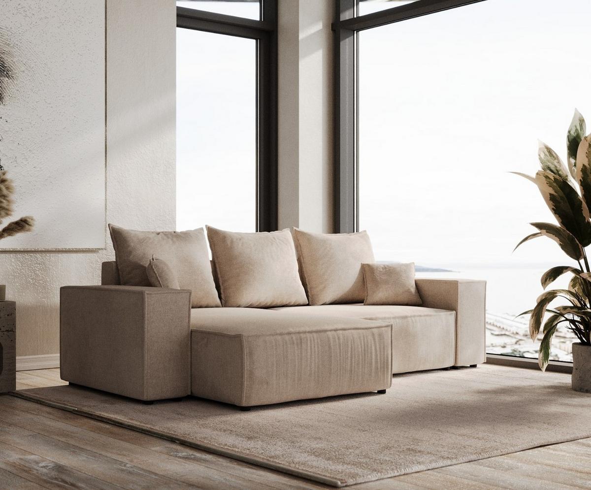 ECKSOFA SENSO mit Schlaffunktion Beige im Wind Stoff - Beige/Schwarz, Holz/Holzwerkstoff (255/148cm) - AltaBeds