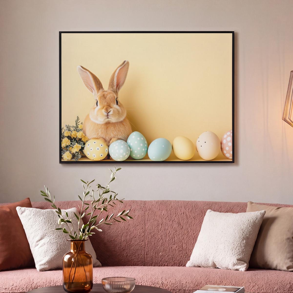 LEINWAND Bilder mit Rahmen - Eier - Kaninchen - Pastellfarbtöne - 100x70 - Hellgelb, Textil (100/70cm) - MuchoWow