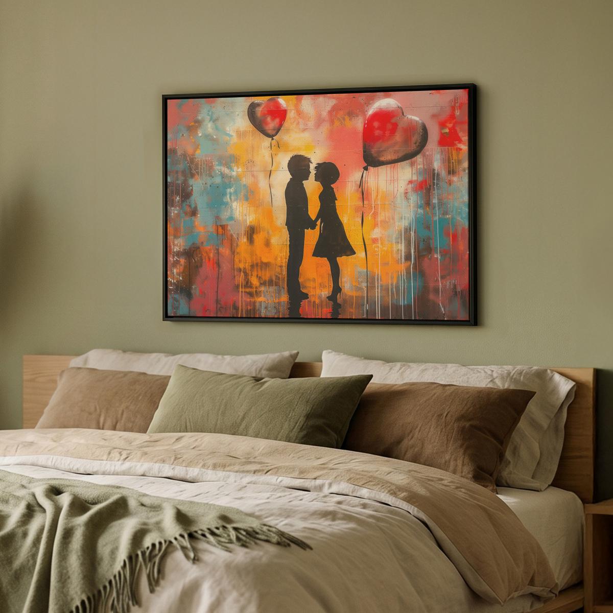 LEINWAND Bilder mit Rahmen - Straßenkunst - Liebe - Graffiti - Kunst - Banksy - 80x60 - Orange, Textil (80/60cm) - MuchoWow