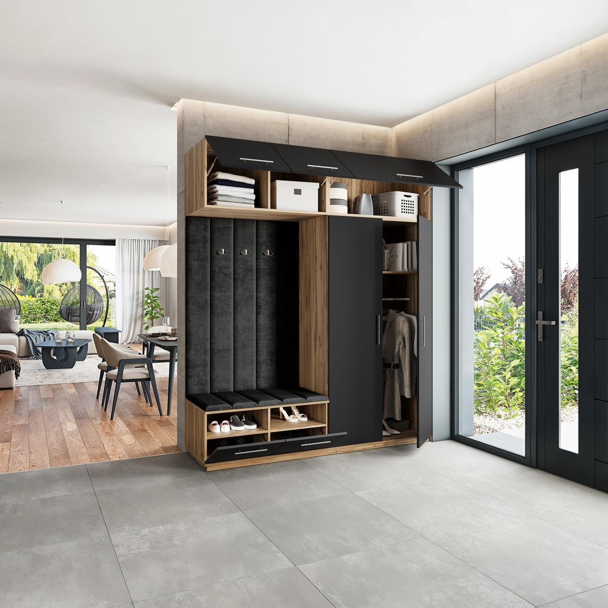 GARDEROBENSCHRANK REMA 200/240/60 cm Modern Eiche Wotan - Eiche Wotan/Schwarz, Holzwerkstoff (200/240/60cm) - MASSENO