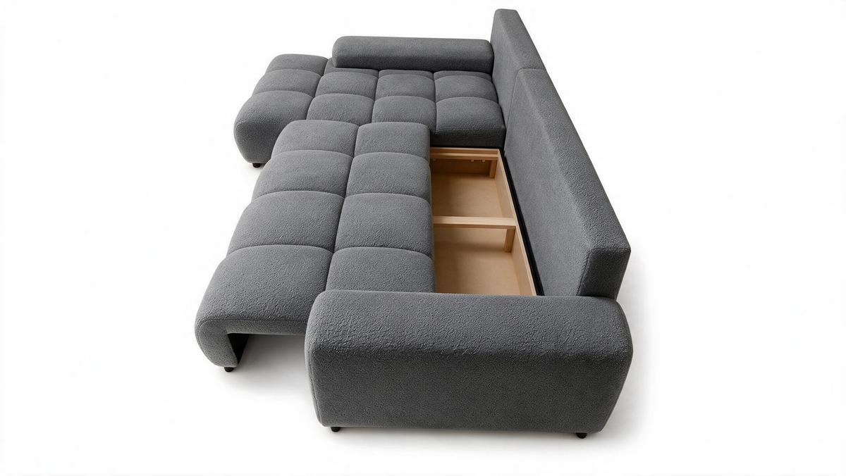 ECKSOFA Ovia mit Bettkasten und Schlaffunktion, Bouclé-Stoff in L-Form - Dunkelgrau, Textil (270/185cm)