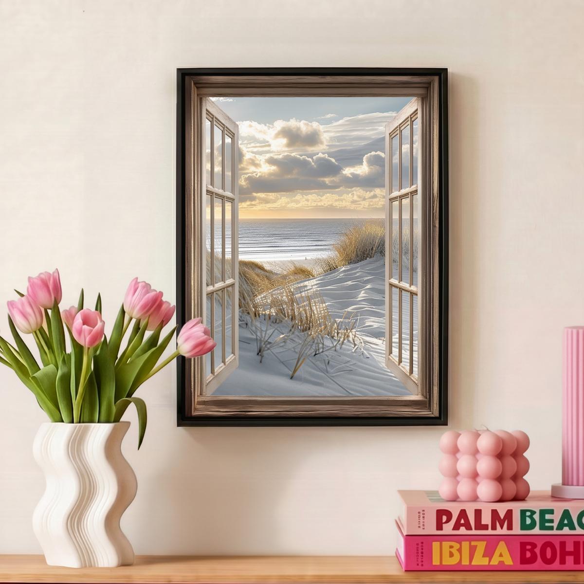 LEINWAND Bilder mit Rahmen - Ausblick - Strand - Dünen - Meer - Natur - 30x40 - Sandfarben, Textil (30/40cm) - MuchoWow