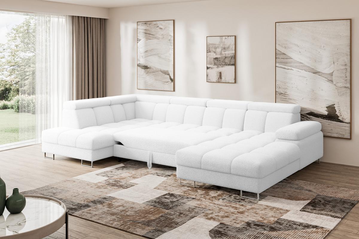 WOHNLANDSCHAFT mit Schlaffunktion und Bettkasten Ottomane Links COMA U 345x203x79 Weiß Bouclé - Weiß, Holzwerkstoff/Textil (345/79/203cm) - ALTDECOR