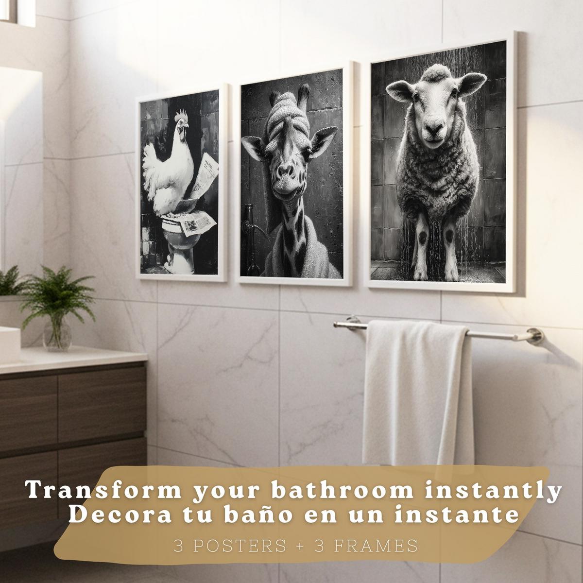 POSTER 3er-Set lustige Schwarz-Weiß-Drucke, Tiere im Badezimmer-Poster, witzige WC-Dekoration für Toilette, Vintage-Stil Weißer Rahmen A4 - Weiß, Papier (29.7/21/3cm) - Nacnic