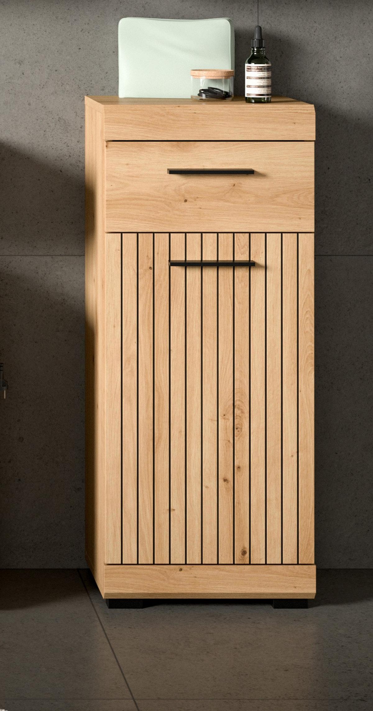 BADKOMMODE Eiche Artisan 37 x 88 cm, Badschrank mit moderner Rillen-Optik - Schwarz/Eiche Artisan, Holzwerkstoff/Kunststoff (37/88/31cm) - Inn.Furn