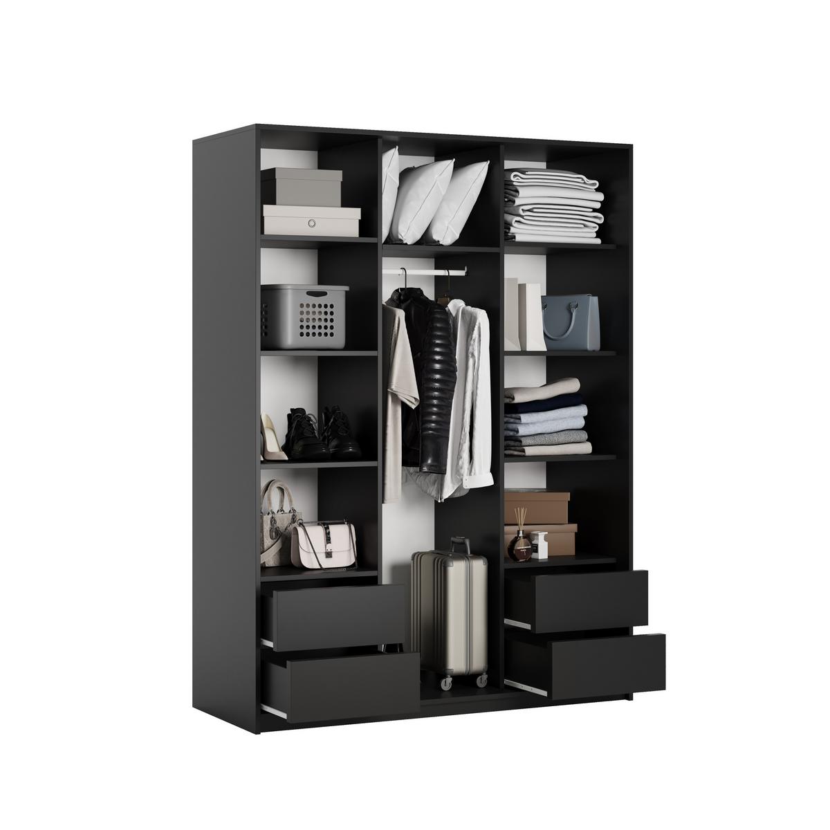 SCHWEBETÜRENSCHRANK VARO 150/205/60 cm 3-türig mit Spiegel Schwarz - Schwarz, Holzwerkstoff (150/205/60cm) - MASSENO