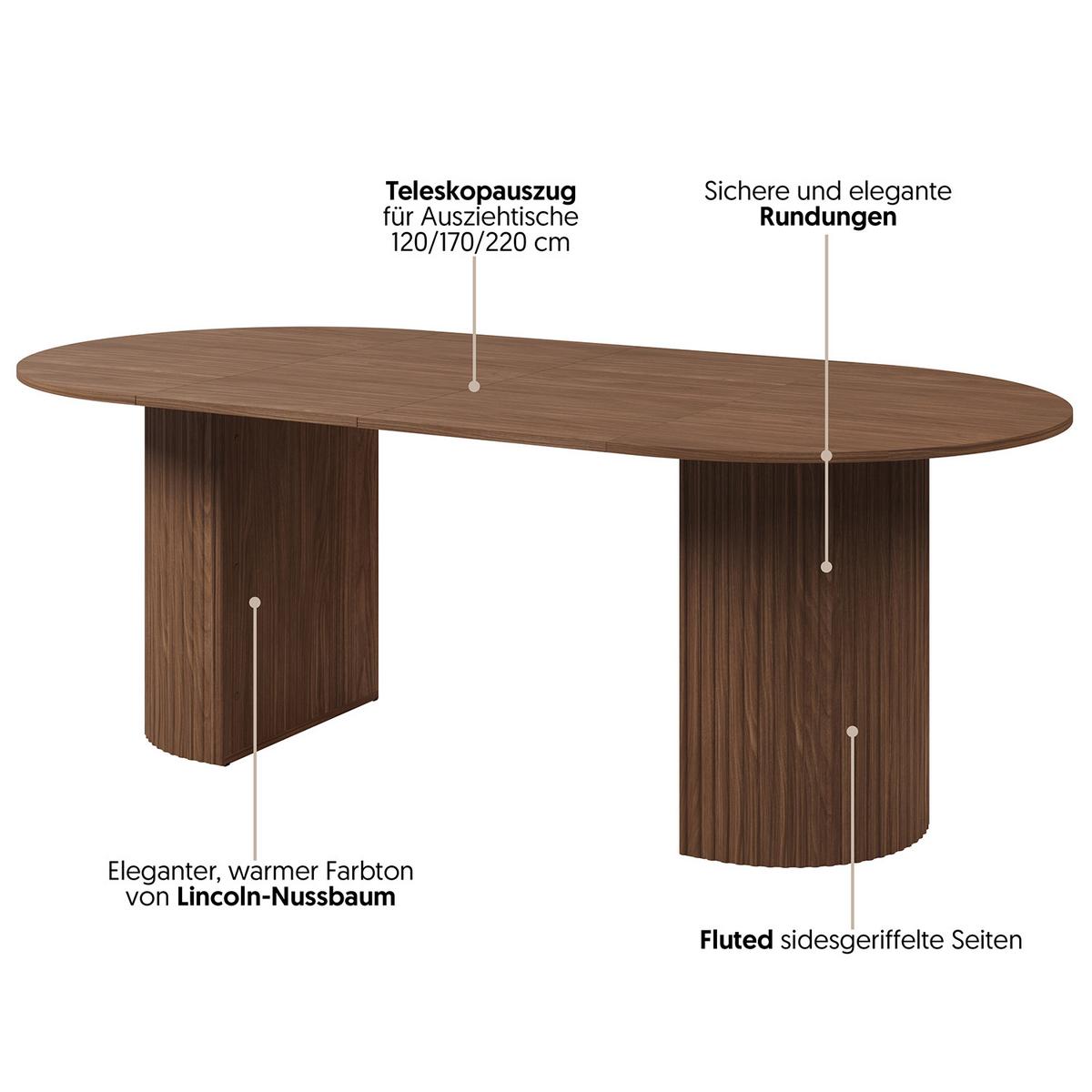 ESSTISCH Carlo, Runder ausziehbarer 120-220 cm, Walnuss - Walnussfarben, Holzwerkstoff (110/120/77cm) - Beautysofa