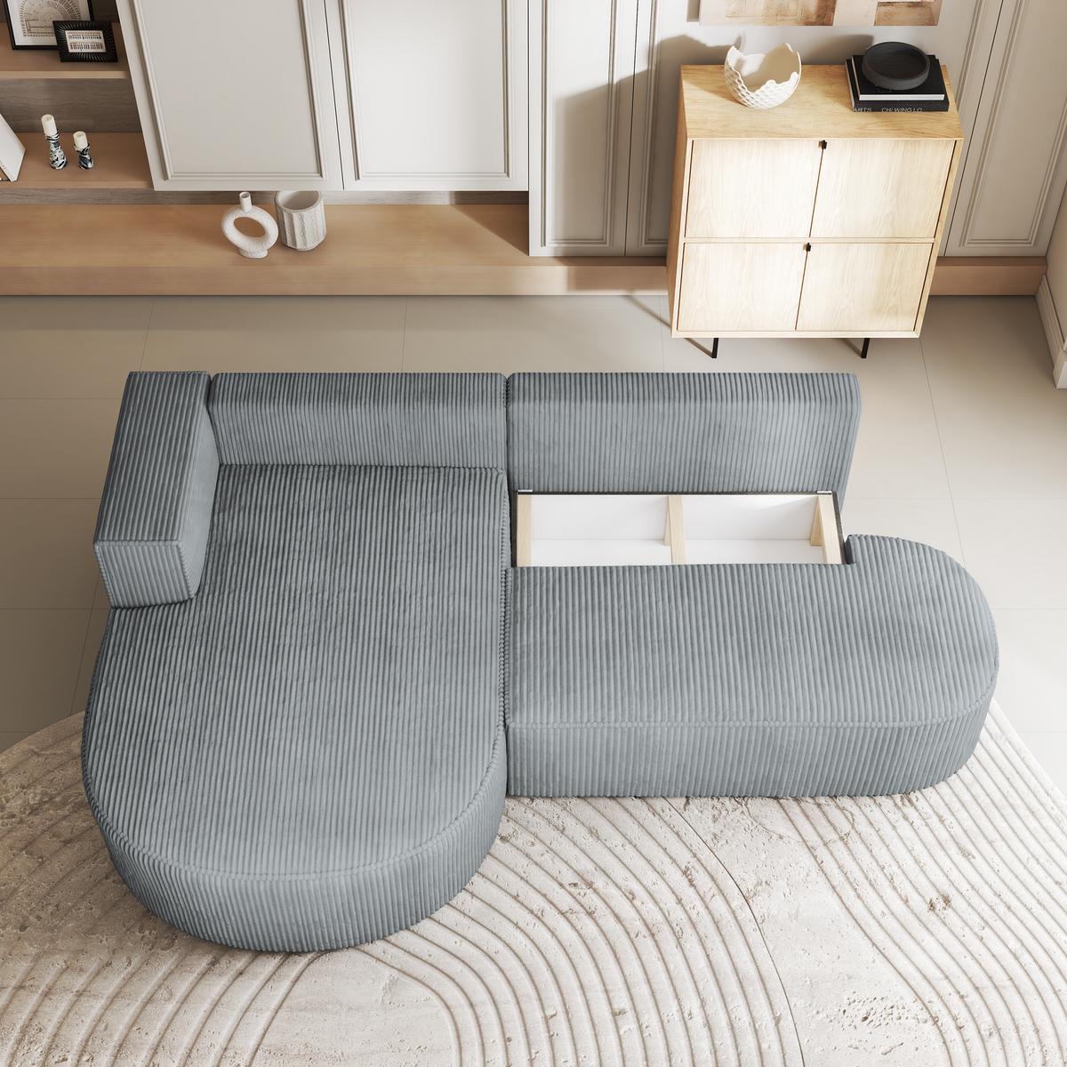 ECKSOFA CORTIO P L-S Hellgrau Kordstoff mit Schlaffunktion - Hellgrau, Holz (265/174cm) - MASSENO