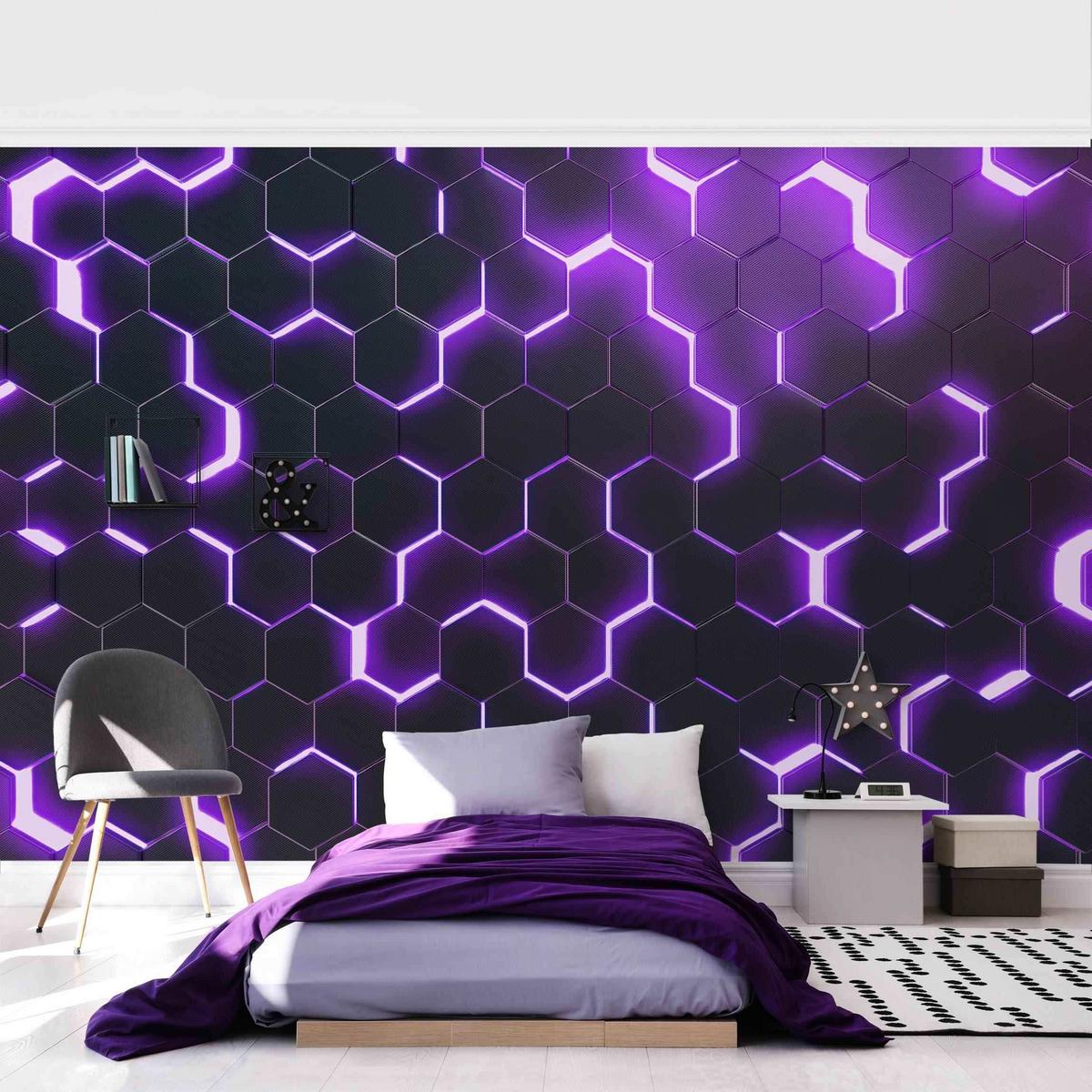 FOTOTAPETE Strukturierte Hexagone mit Neonlicht in Lila 432/290 cm - Schwarz, Papier (432/290cm) - Bilderwelten
