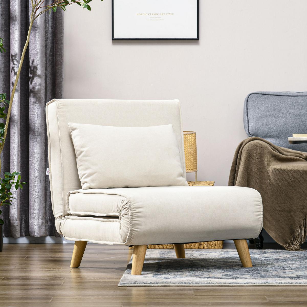SCHLAFSESSEL, Klappbett mit Bettfunktion, Lendenkissen, für Wohnzimmer Creme - Creme/Naturfarben, Holz/Textil (78/79/72cm) - HOMCOM