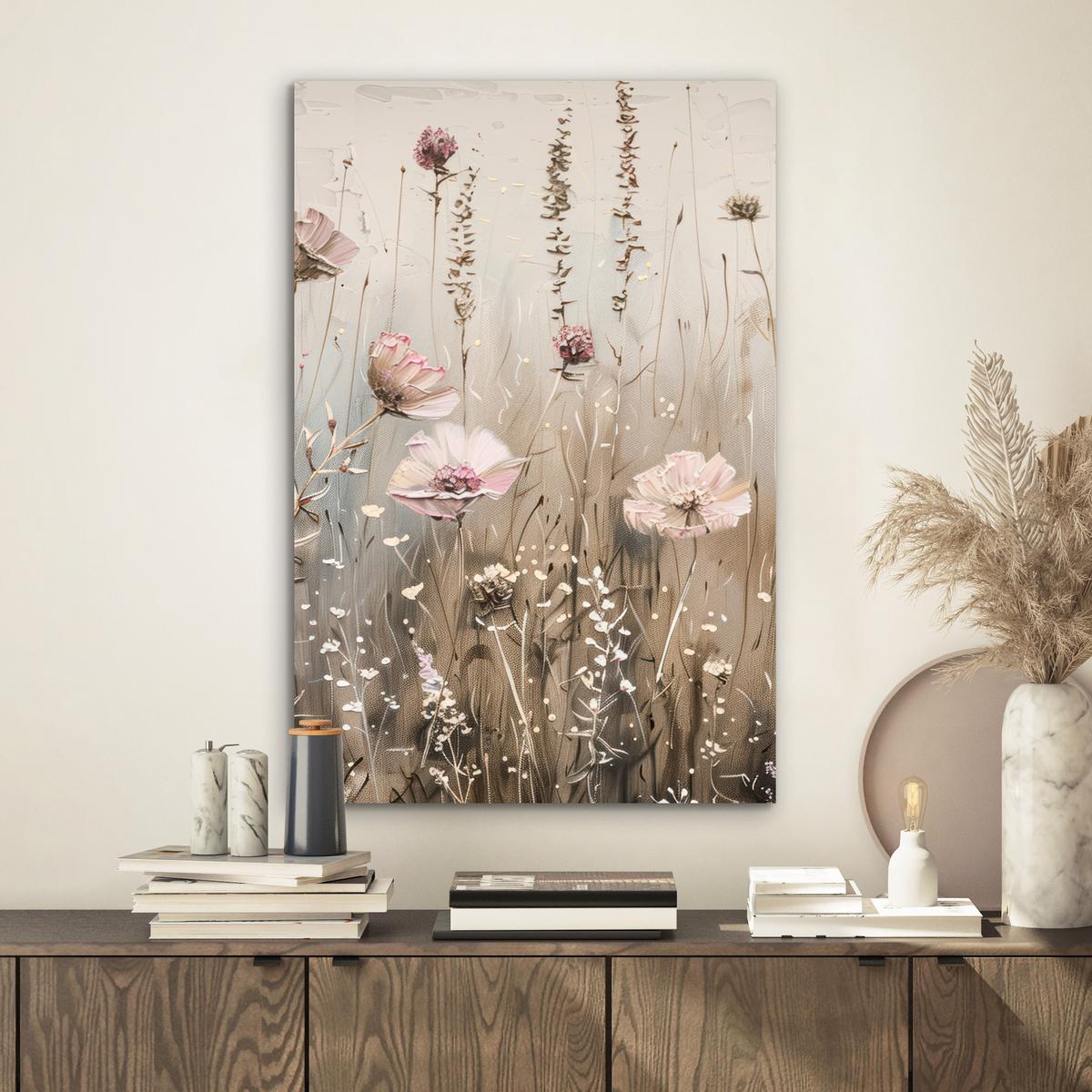 METALLBILD Blumen - Rosa - Modern - Beige Deko Schlafzimmer 40x60 cm - Beige, Metall (40/60cm) - MuchoWow
