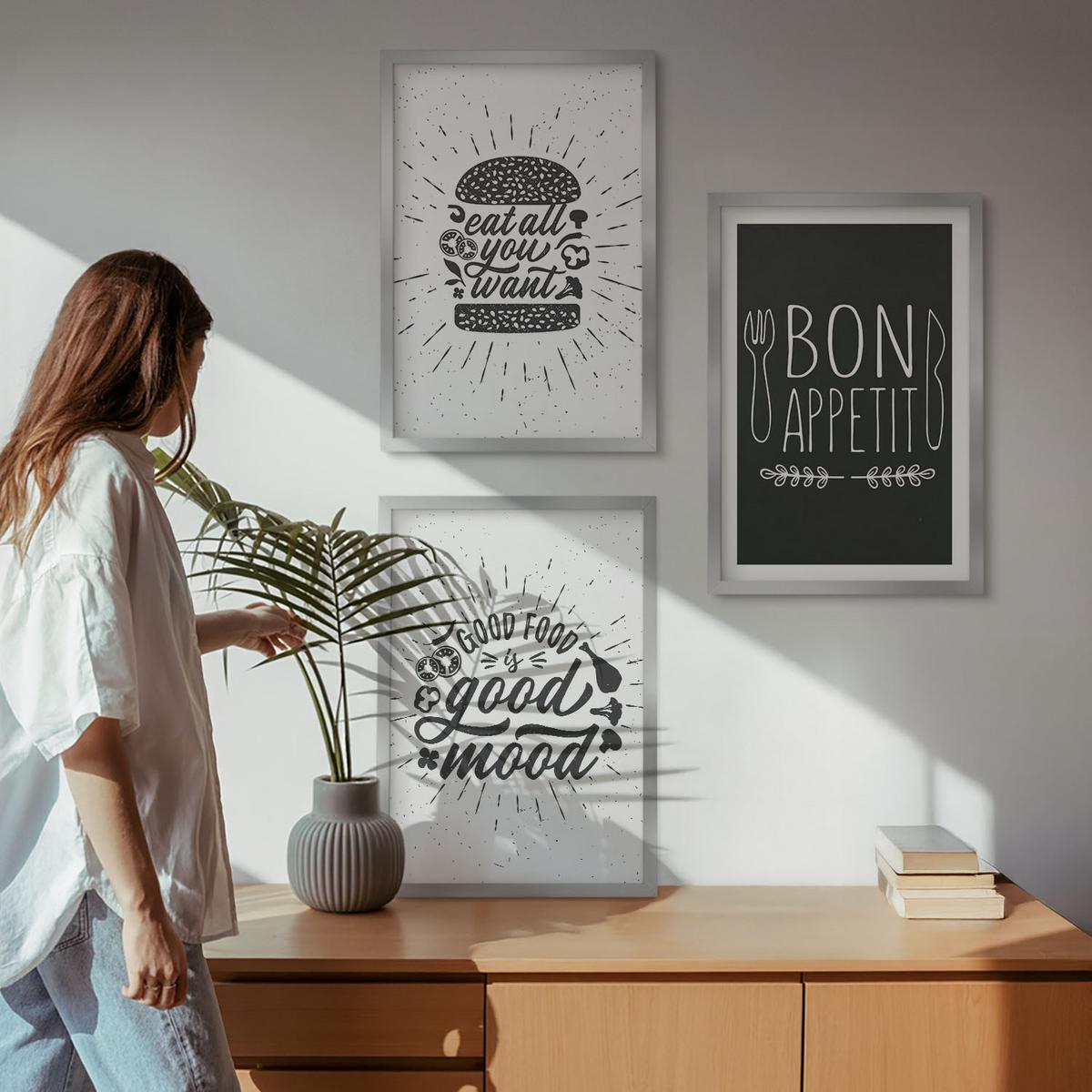 BILDER SET 3er Set - 40x60 cm Silberner Rahmen - Grafiken, Lebensmittel, kulinarische Slogans - Silberfarben, Kunststoff (40/60cm) - TULUP