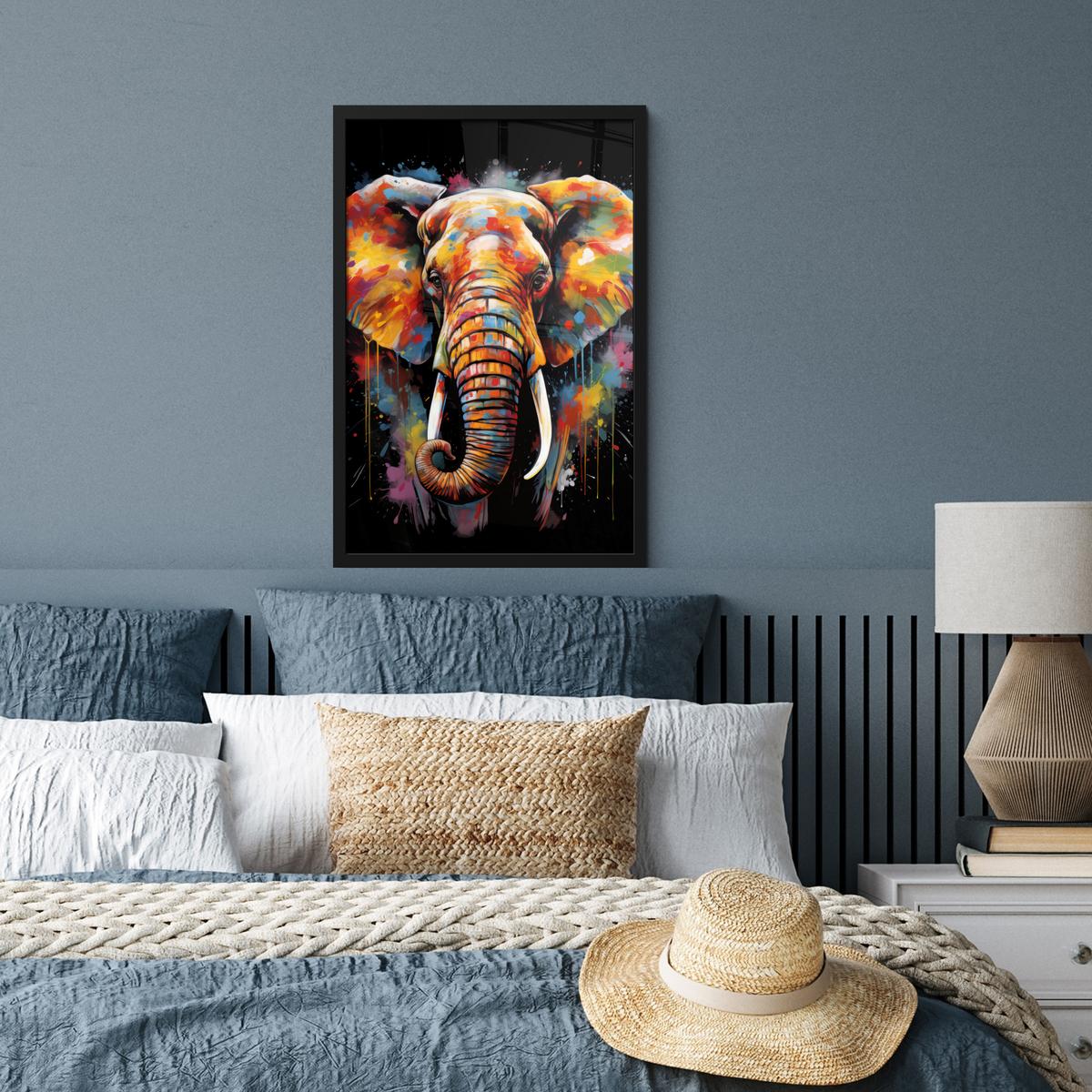POSTER MIT RAHMEN Elefant - Graffiti - Schwarz - Tiere - Farben Bilder mit Rahmen 40x60 cm - Schwarz, Papier (40/60cm) - MuchoWow