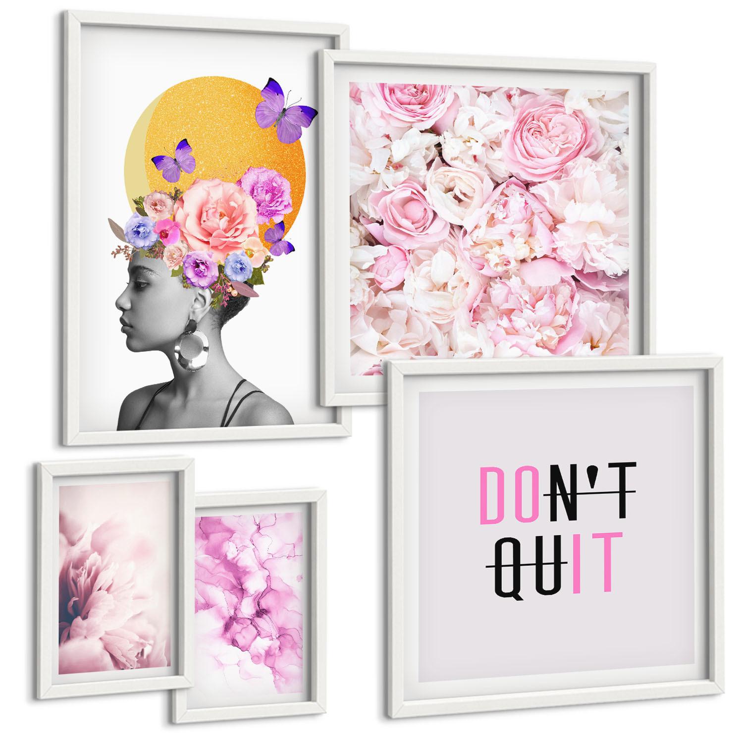 BILDER SET 5er Set - 50x50 cm & 20x30 cm & 40x60 cm Weißer Rahmen - Abstraktes Blumenporträt einer Frau - Weiß, Kunststoff (40/60cm) - TULUP