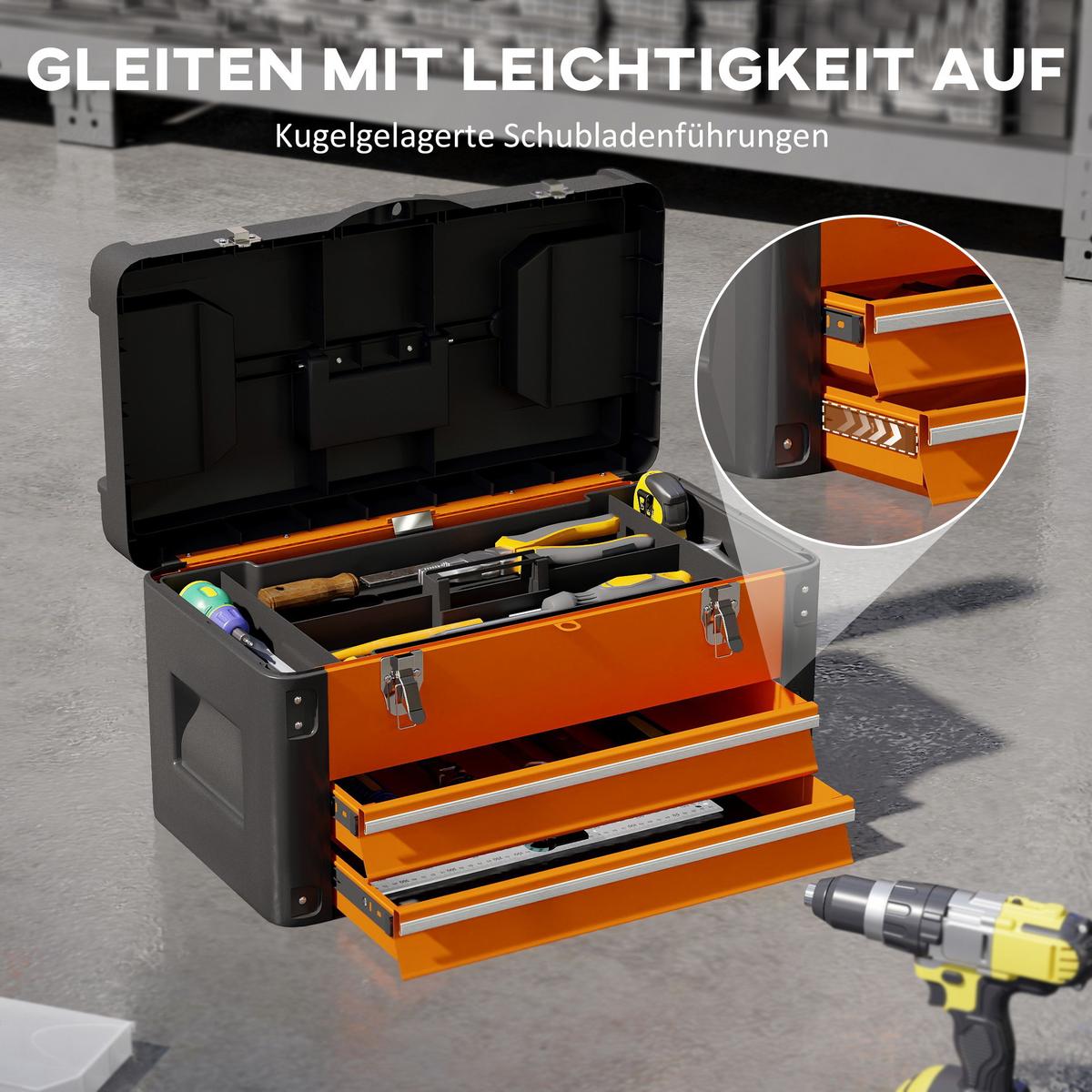 WERKZEUGKISTE leer, 49,7 x 25,3 x 28,9 cm Werkzeugkasten mit Schublade - Orange, Kunststoff (25.3/28.9/49.7cm) - HOMCOM