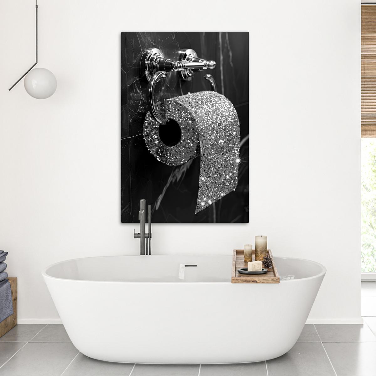 LEINWANDBILD WC - Toilettenpapier - Schwarz und weiß - Glitter Deko XXL 80x120 cm - Silberfarben, Textil (80/120cm) - MuchoWow