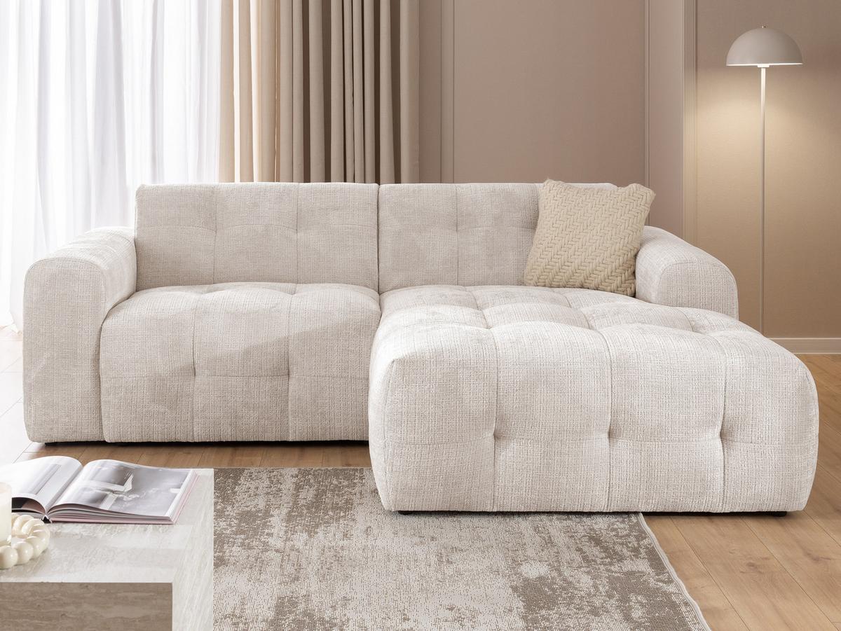 ECKSOFA Kozy im Bumpy-Design mit fester Rückenlehne aus weichem Beige Chenille-Stoff - Ottomane rechts - Beige/Creme, Holz/Kunststoff (234/161cm) - S-Style