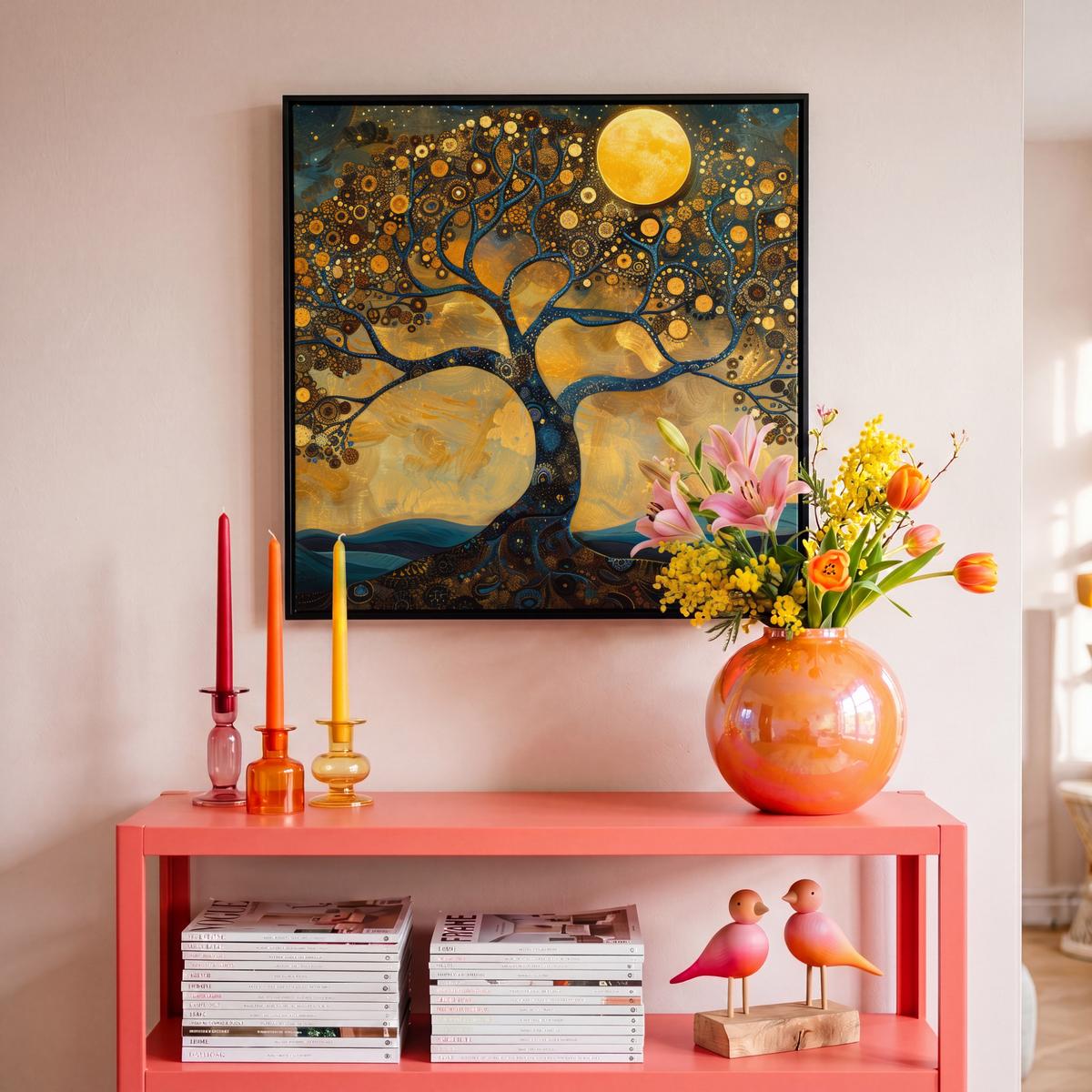 LEINWAND Bilder mit Rahmen - Baum - Mond - Blumen - Gold - Kunst - 50x50 - Orange, Textil (50/50cm) - MuchoWow