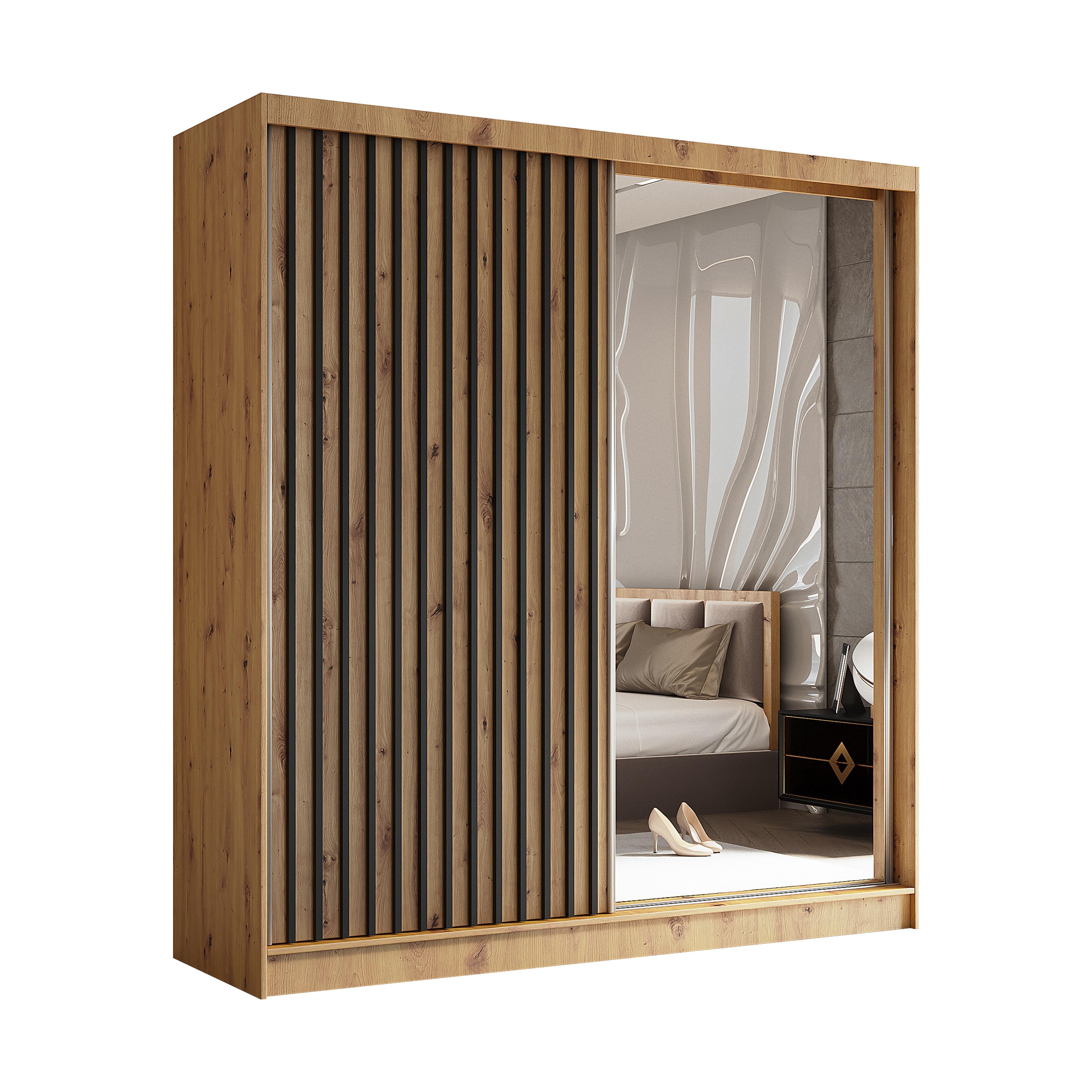 SCHWEBETÜRENSCHRANK LAMELLO 200/216/61 cm 2-türig mit Spiegel Eiche Artisan - Eiche Artisan, Holzwerkstoff (200/216/61cm) - MASSENO