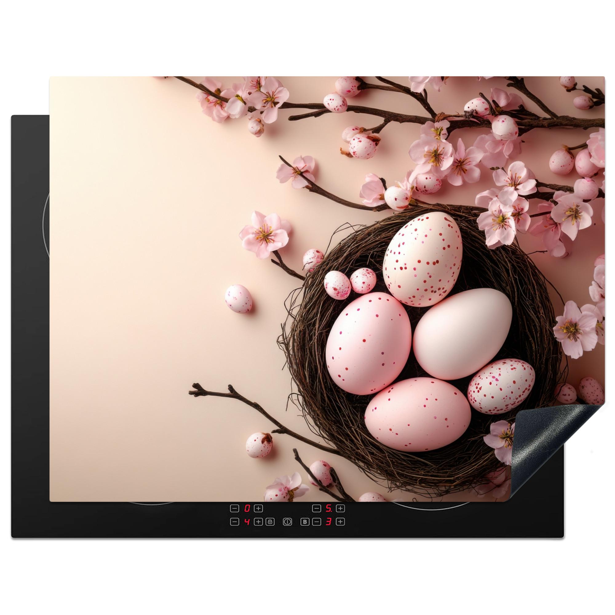 HERDABDECKPLATTE Rosa - Blüten - Eier Induktionsmatte 77x59 cm - Hellrosa, Kunststoff (77/59/0.2cm) - MuchoWow
