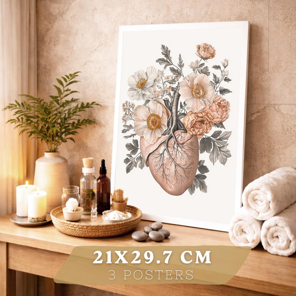 POSTER Set aus 3 Anatomie Mensch Florale Drucke und Wandbilder mit Herz Schädel und Brustkorb Weicher Vintage Stil Größe Weißer Rahmen A4 - Weiß, Papier (21/29.7/3cm) - Nacnic