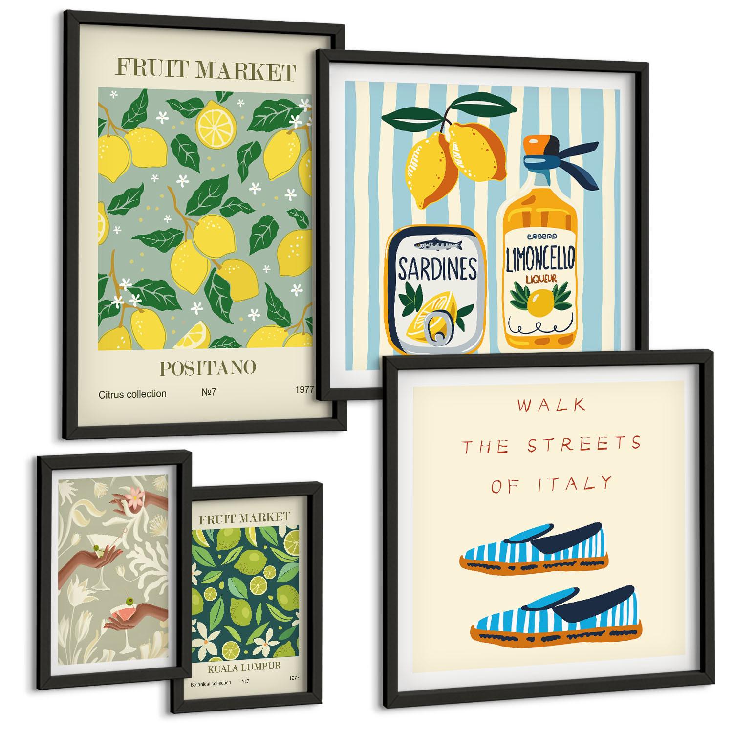 BILDER SET 5er Set - 50x50 cm & 20x30 cm & 40x60 cm Schwarzer Rahmen - Zitrusfrüchte der italienischen Tropen - Schwarz, Kunststoff (40/60cm) - TULUP