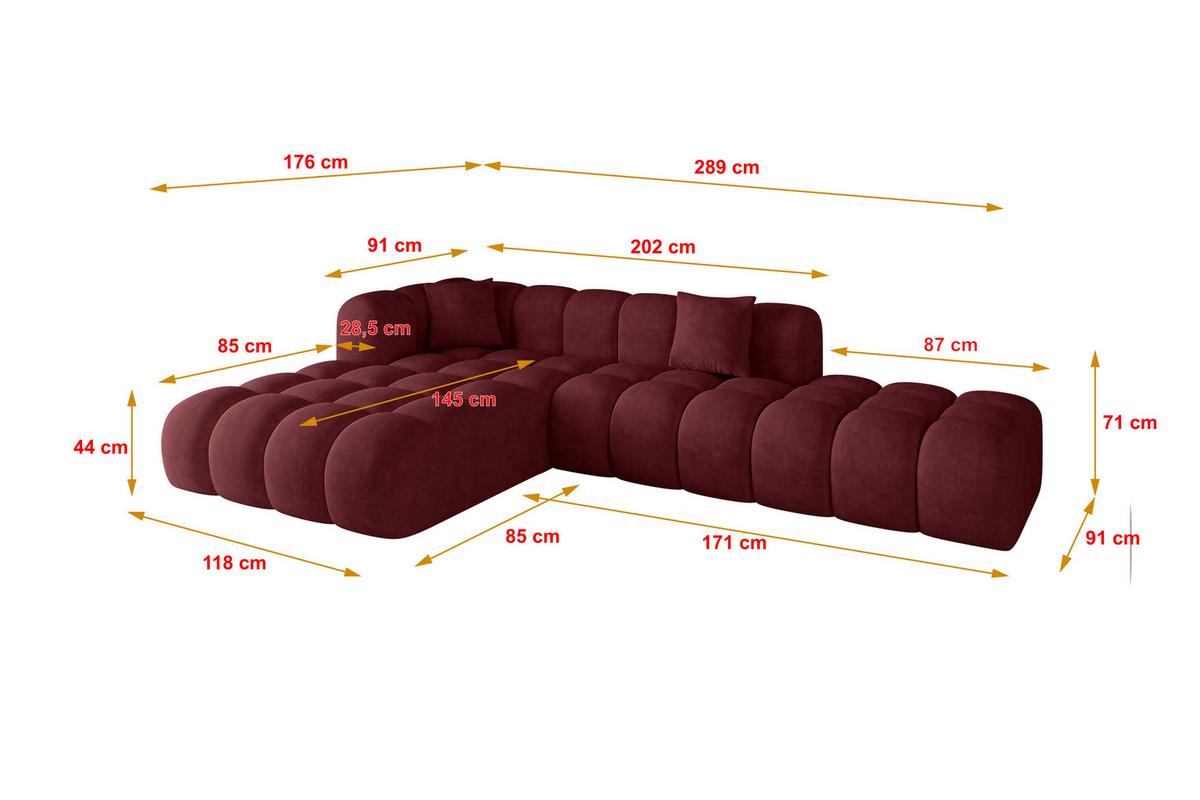 ECKSOFA Ottomane Links OLEA-L2 - 289x176x71 cm Bordeaux - Bordeaux/Schwarz, Holzwerkstoff/Kunststoff (289/176cm) - ALTDECOR