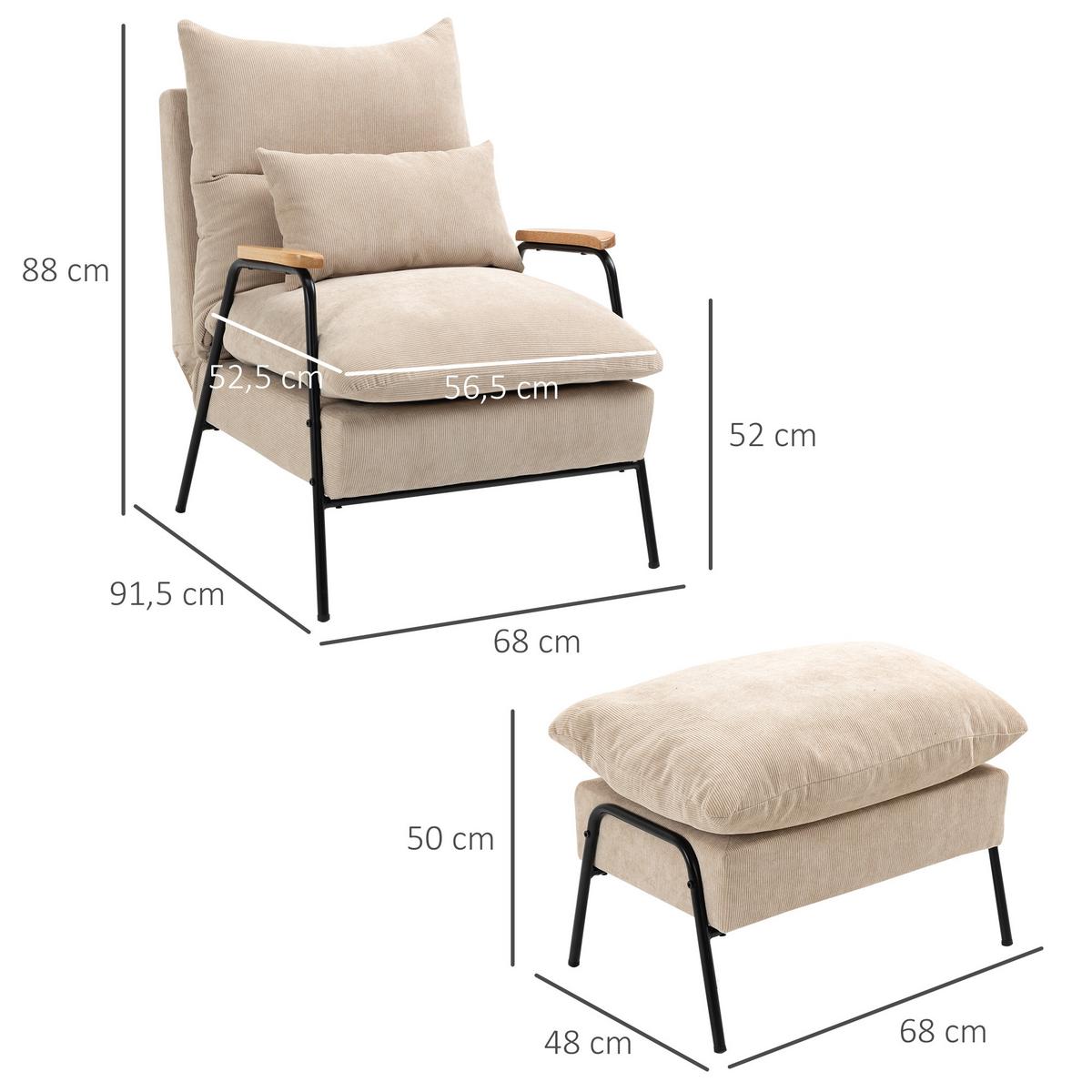 RELAXSESSEL mit Hocker Sessel mit Verstellbar Rückenlehne, Kissen für Wohnzimmer - Beige, Kunststoff (68/88/91.5cm) - HOMCOM