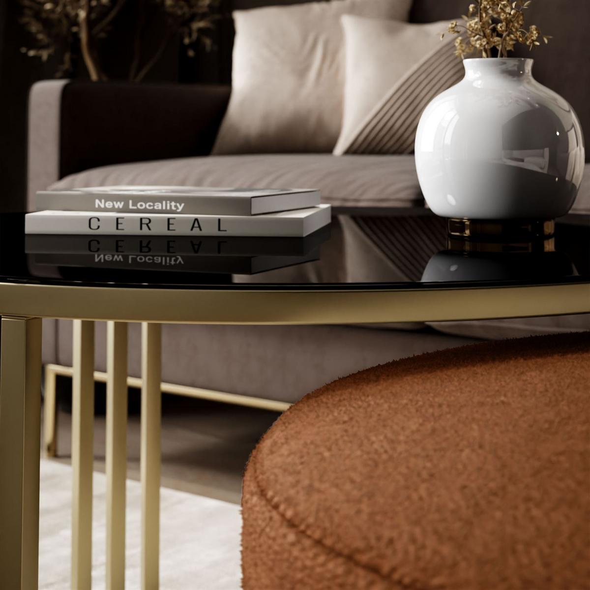 COUCHTISCH mit Hocker LORI GLASS gebürstetes Gold/schwarzes Glas/Perfect Harmony 52 - Schwarz, Metall (70/70/49cm) - Lookway