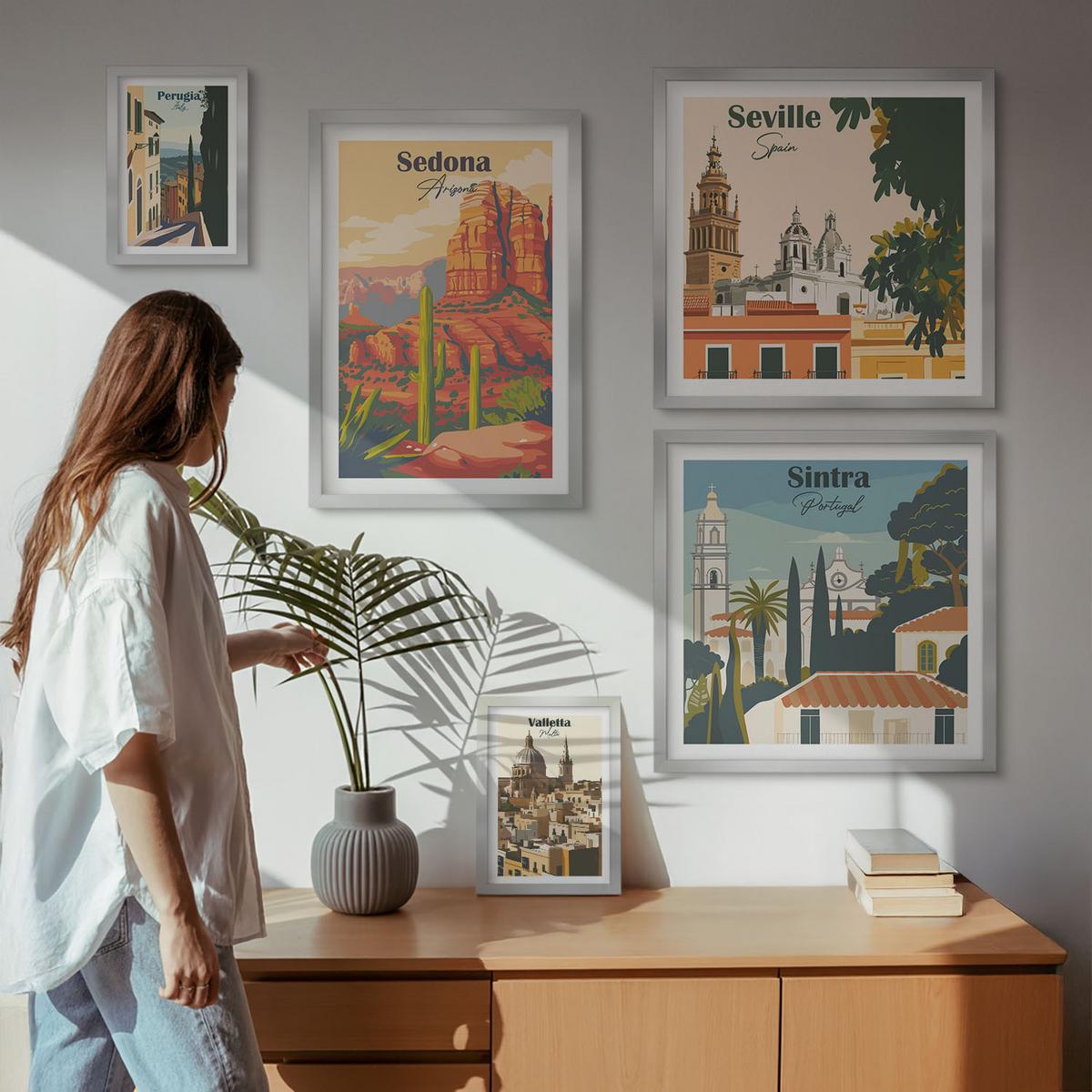 BILDER SET 5er Set - 50x50 cm & 20x30 cm & 40x60 cm Silberner Rahmen - Illustrationen von Küstenstädten - Silberfarben, Kunststoff (40/60cm) - TULUP