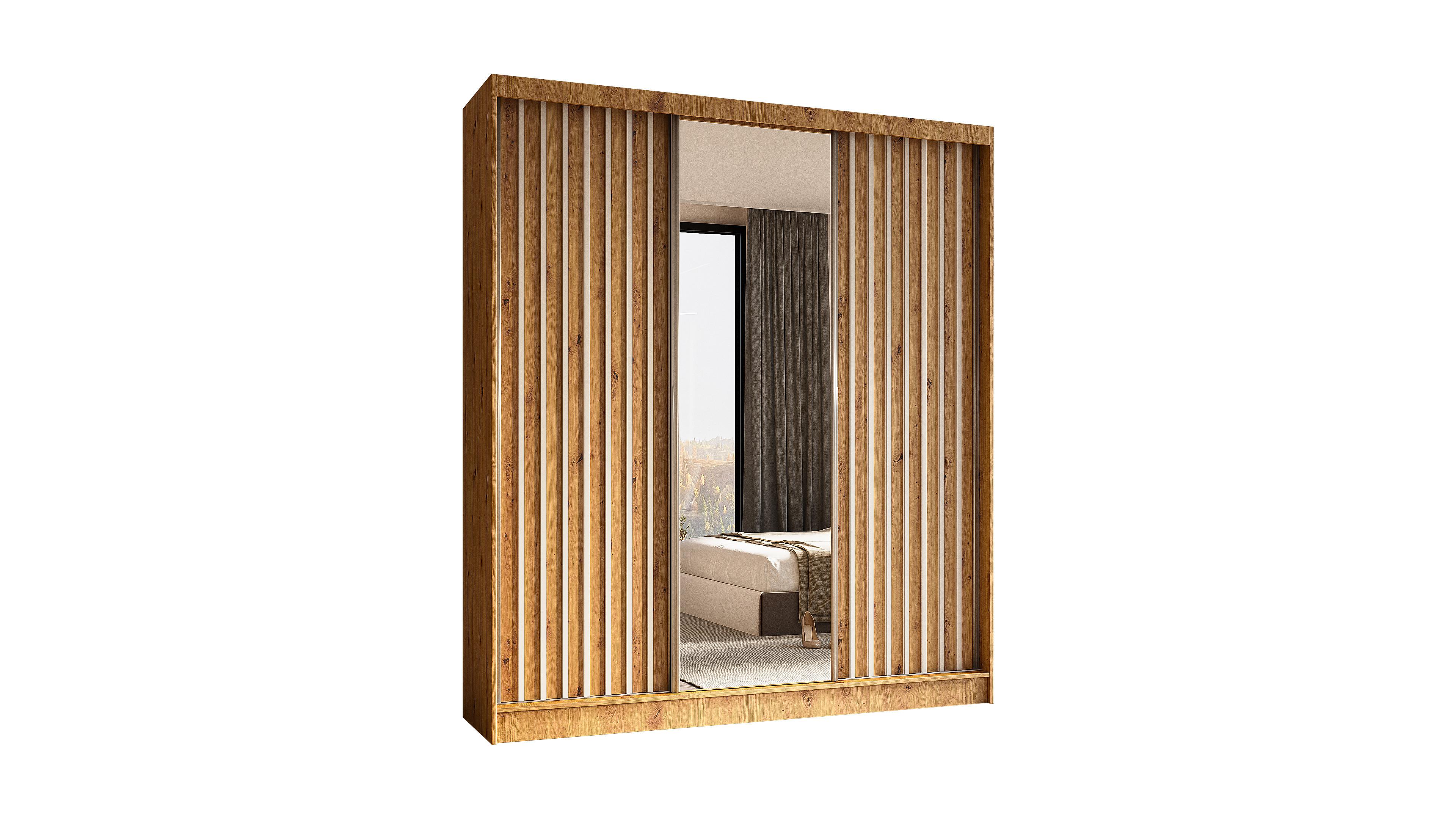 KLEIDERSCHRANK mit Spiegel-Schiebetüren und Aluminium-Leisten, LED-Beleuchtung - LAMELO - 180 cm Artisan+Artisan+Weiß - Eiche Artisan/Weiß, Holzwerkstoff (180/216/61cm) - ALTDECOR