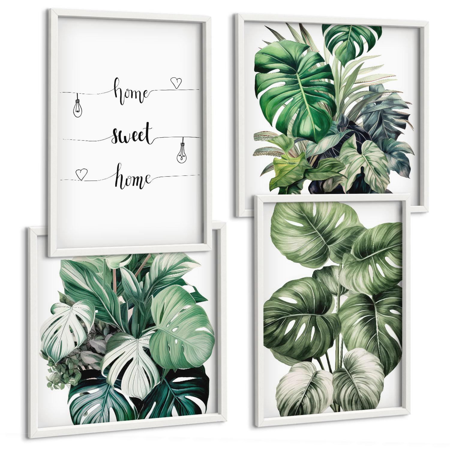 BILDER SET 4er Set - 50x50 cm & 40x60 cm Weißer Rahmen - Aquarell-Monstera-Blätter - Weiß, Kunststoff (50/50cm) - TULUP
