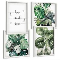 BILDER SET 4er Set - 50x50 cm & 40x60 cm Weißer Rahmen - Aquarell-Monstera-Blätter - Weiß, Kunststoff (50/50cm) - TULUP