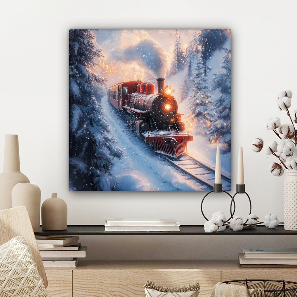 LEINWANDBILD Weihnachtszug - Schnee - Winter - Weihnachten Wandbild Wohnzimmer 50x50 cm - Dunkelrot, Textil (50/50cm) - MuchoWow