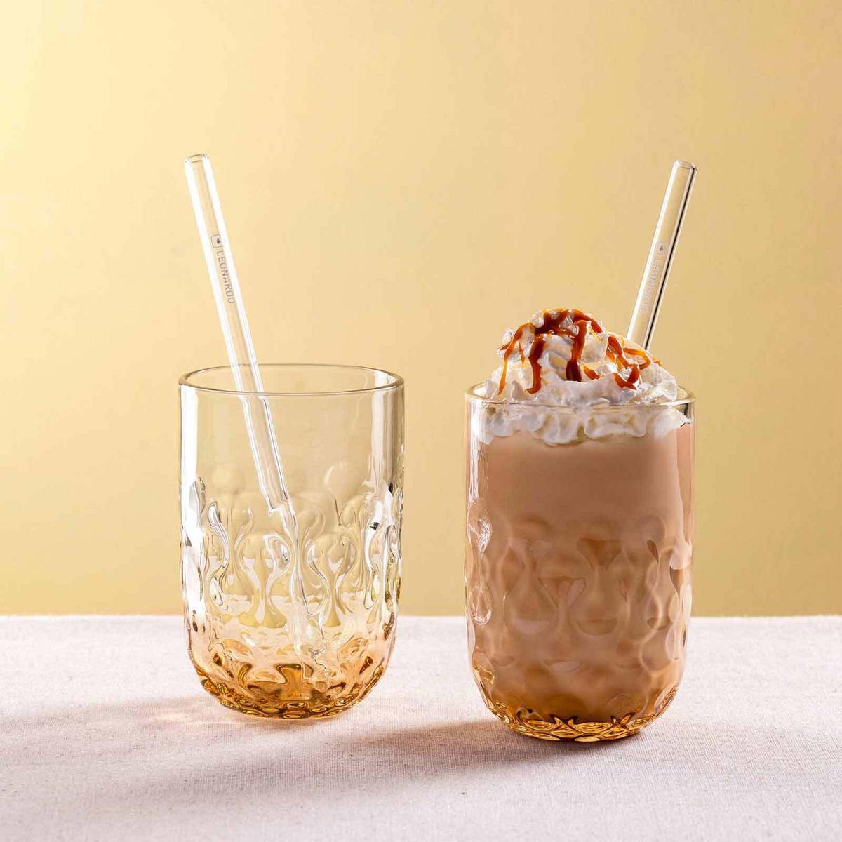 CARAMEL MACCHIATO GLÄSER MIT GLASTRINKHALM (2) Gocce apricot 390 ml 6er Set - Orange, Glas (0.39L) - Leonardo Living