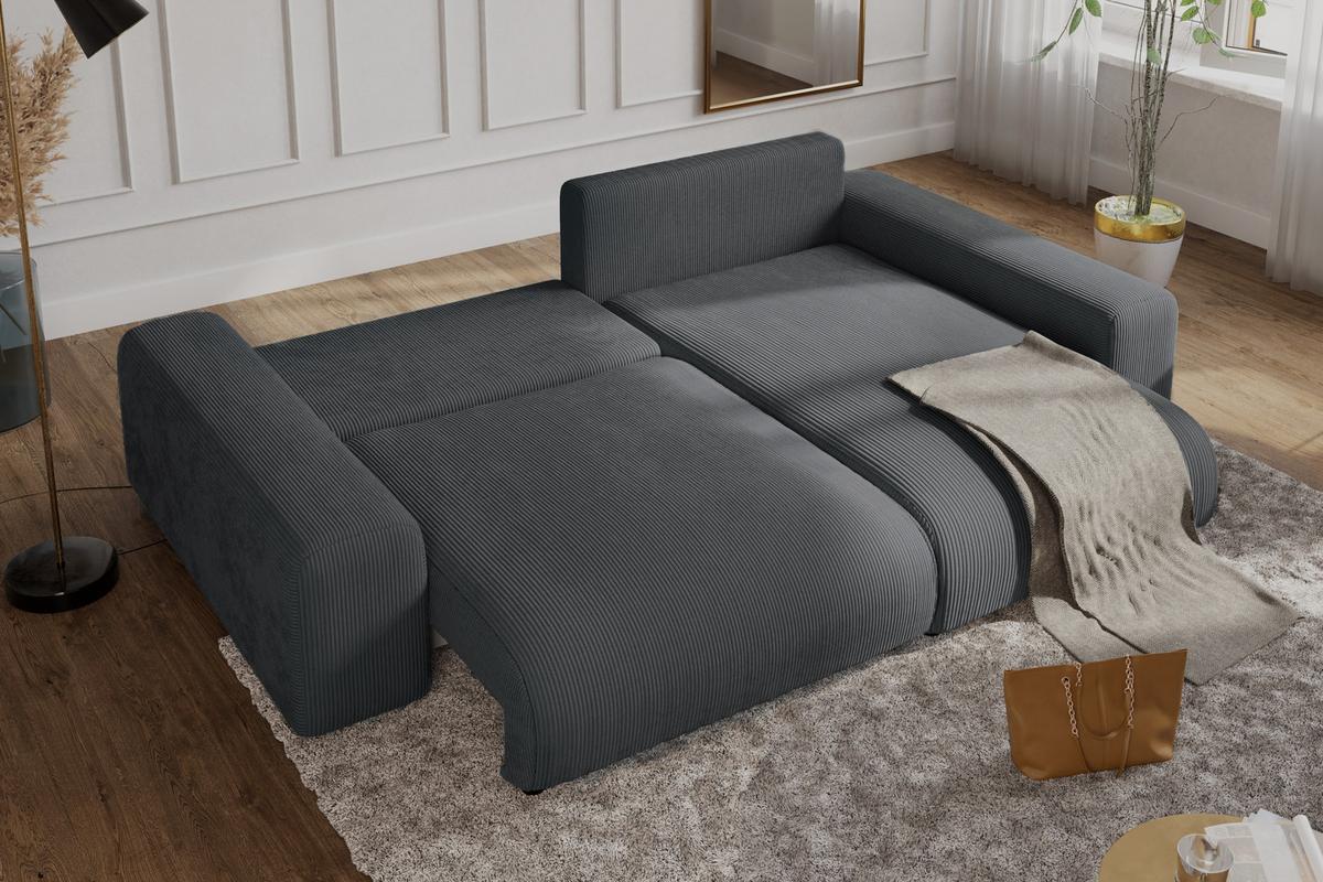 ECKSOFA mit Schlaffunktion, Bettkasten, Wellenunterfederung, seitenverkehrt montierbar B255/T165/H84 cm, Liegefl. 148x196 cm, Cord Grau / 21006 - Schwarz/Grau, Kunststoff/Textil (255/165cm) - luma-home