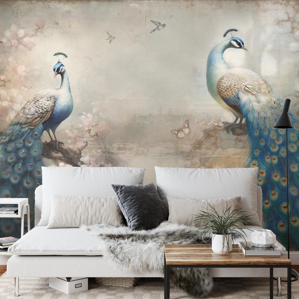 FOTOTAPETE Abstrakte Pfauen Blumen Beton Vintage 450x315 - Blau/Beige, Papier (450/315cm) - Muralo