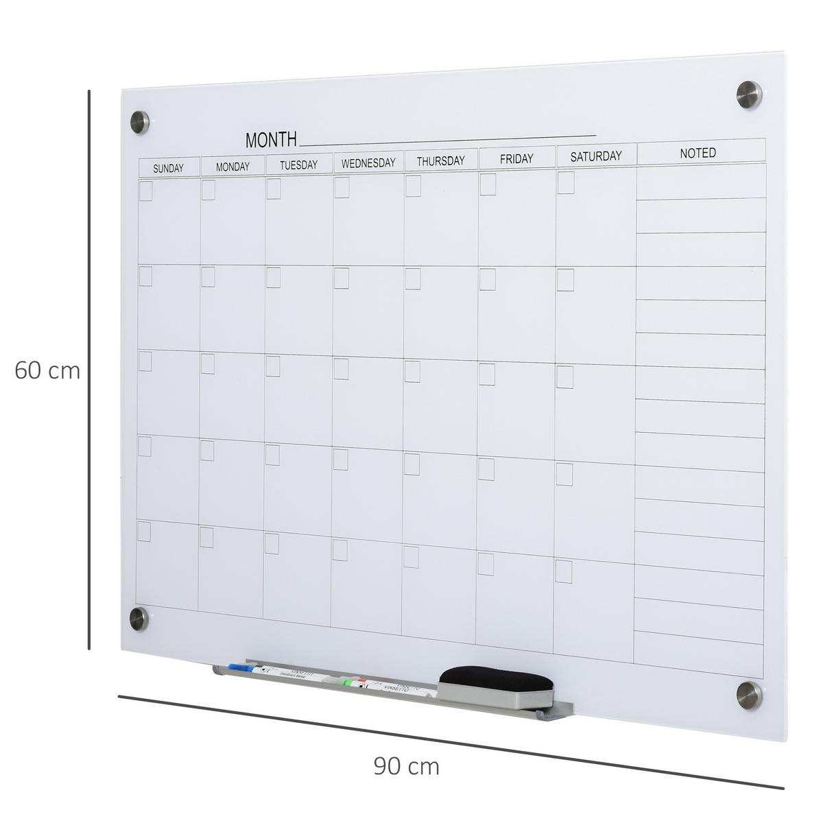 KALENDERTAFEL Glasplatte mit 4 Glasclip Planungstafel Zeitplan Weiß - Weiß, Kunststoff (60/0.2/90cm) - Vinsetto