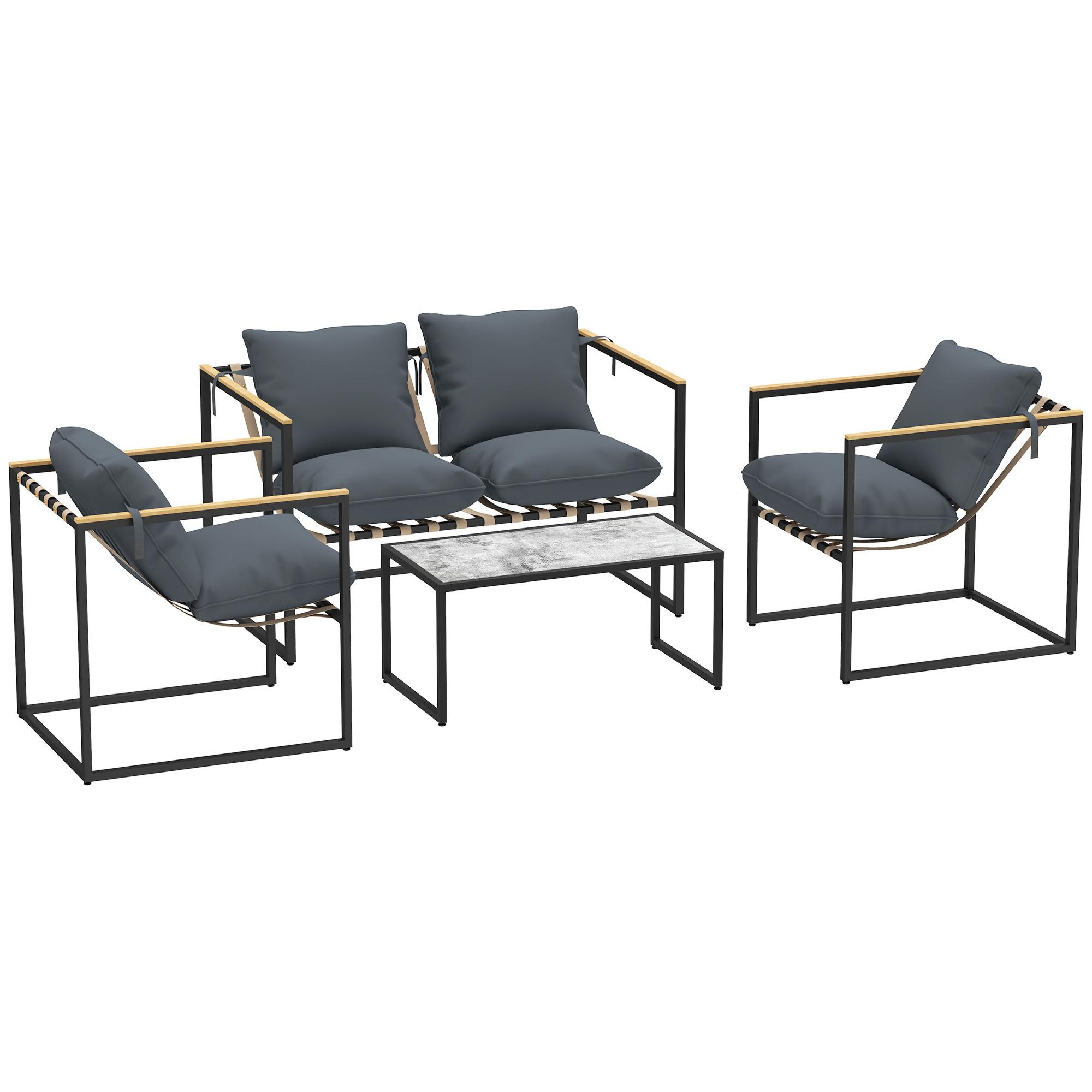 STAHL Gartenmöbel Set 4 Personen wetterfest Balkonmöbel-Set mit 2er Sofa Grau - Grau, Metall - Outsunny