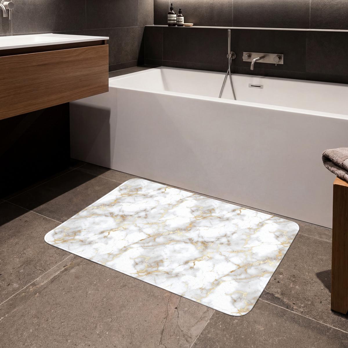 BADEMATTE Goldene Adern - Marmor - Weiß 90x60 cm - Weiß, Textil (90/60cm) - OnlyWow