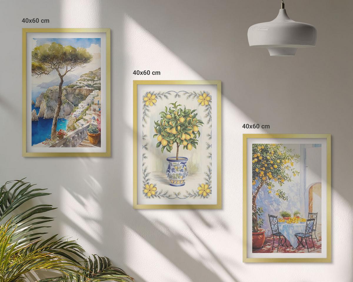 BILDER SET 3er Set - 40x60 cm Goldrahmen - Blick auf das Meer aus Zitronenbäumen - Goldfarben, Kunststoff (40/60cm) - TULUP