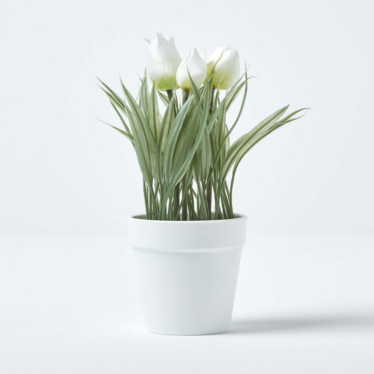 KUNSTBLUMEN Tulpen weiß im Blumentopf, 22 cm - Weiß, Kunststoff (22cm) - Homescapes