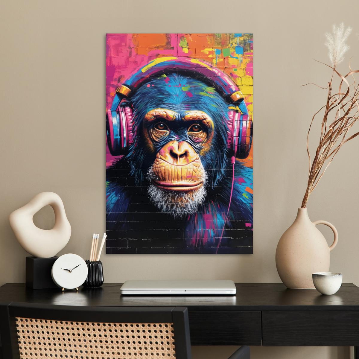 POSTER Graffiti - Schimpanse - Straßenkunst - Kopfhörer - Affe Wanddeko 40x60 cm - Blau, Papier (40/60/0.1cm) - MuchoWow